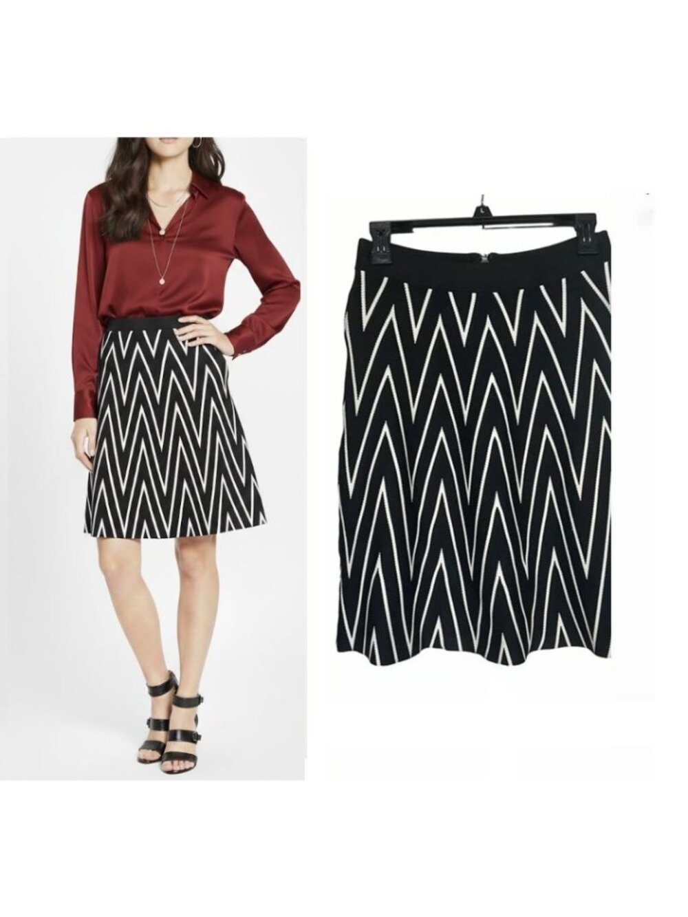 ⭐Pink Tartan Womens Size S Knit Skirt Chevron Black White Zig Zag Pattern Zip⭐